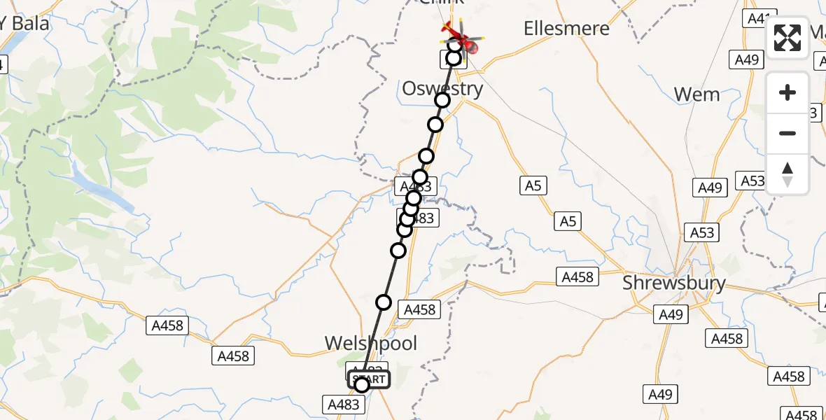 Flight route Air Ambulance Helicopter Welshpool Airport - Gobowen, 01 July 2026, 07:47