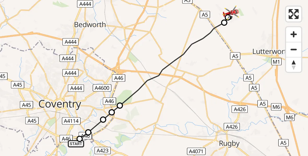 Flight route Air Ambulance Helicopter Coventry Airport - Ullesthorpe, 01 July 2026, 07:58