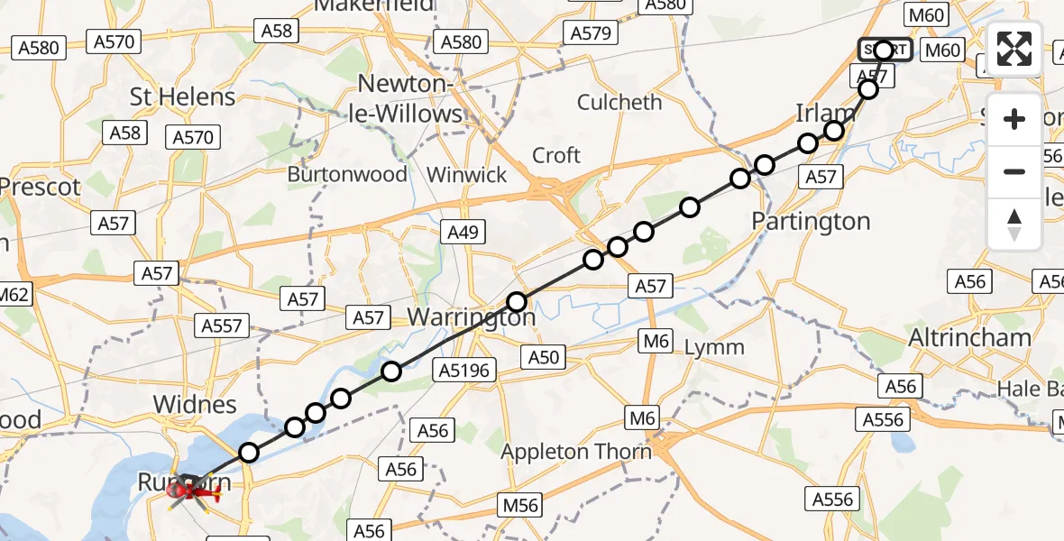 Flight route Air Ambulance Helicopter Manchester Barton Aerodrome - Runcorn, 01 July 2026, 08:29