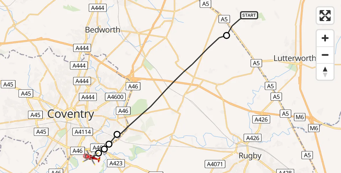 Flight route Air Ambulance Helicopter Claybrooke Parva - Coventry Airport, 01 July 2026, 08:36
