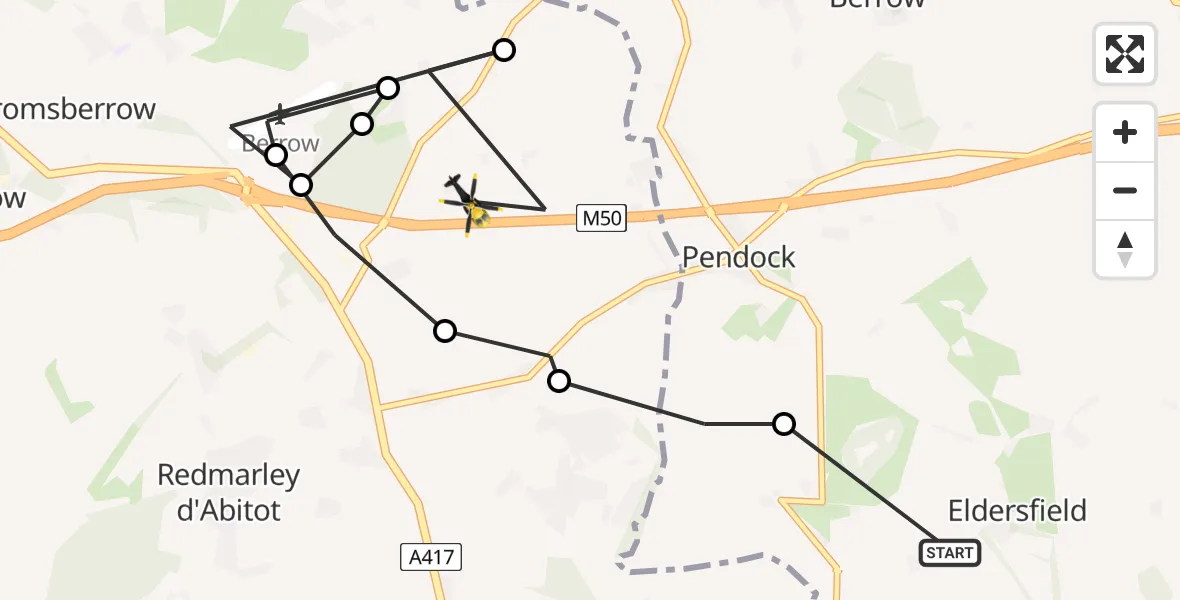 Flight route Police Helicopter Pillows Barn Airstrip - Forest of Dean, 01 July 2026, 08:37