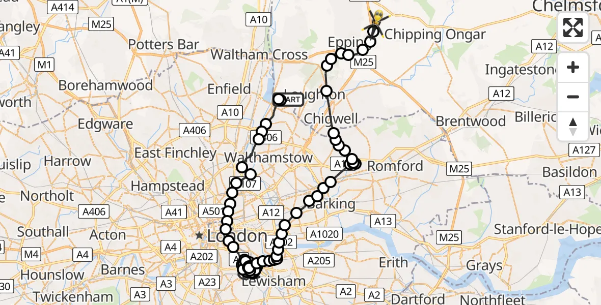 Flight route Police Helicopter Sewardstonebury - North Weald Airfield, 01 July 2026, 08:40