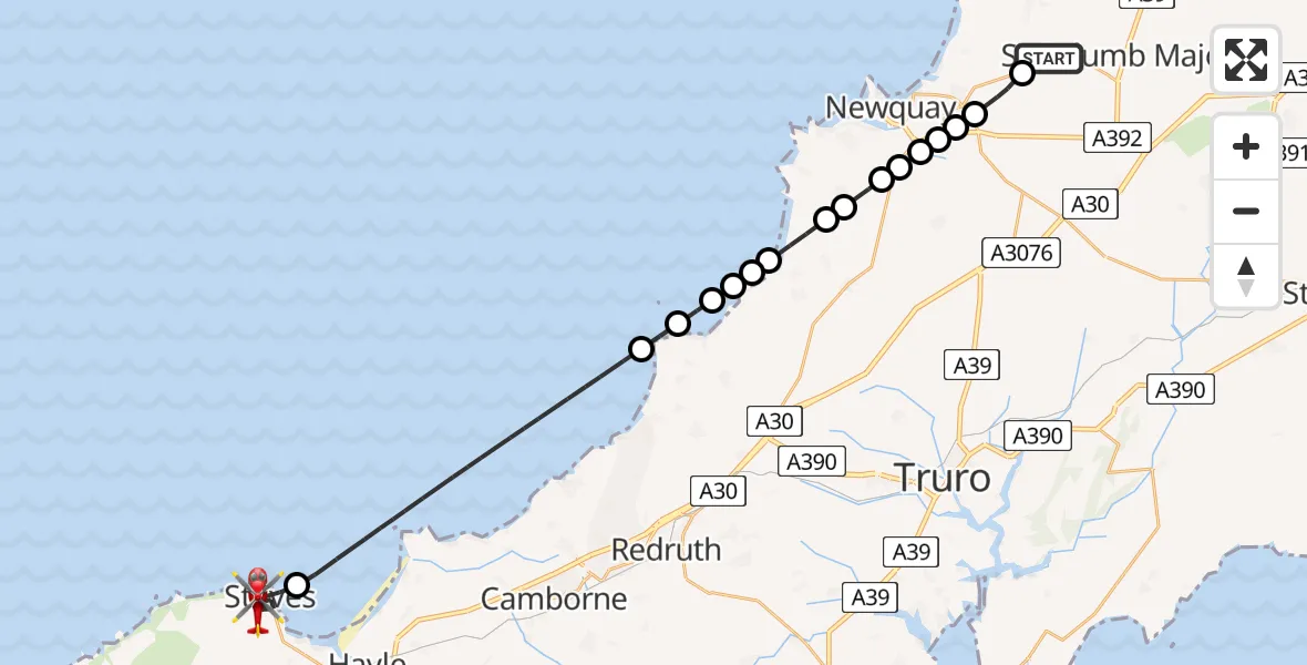 Flight route Air Ambulance Helicopter Cornwall Airport Newquay - St. Ives, 01 July 2026, 08:47