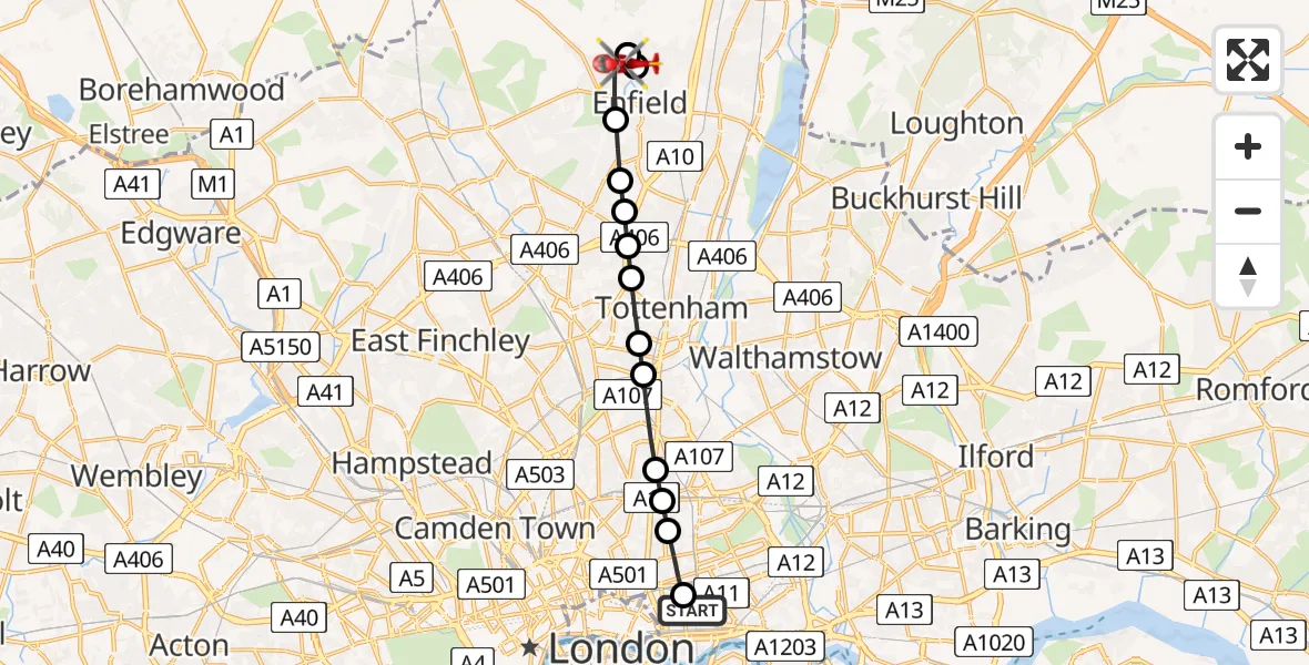 Flight route Air Ambulance Helicopter Royal London Hospital - Southbury, 01 July 2026, 08:53