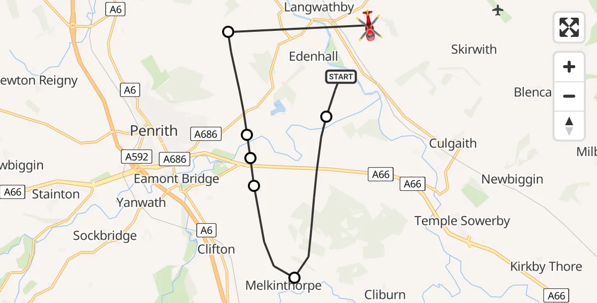Flight route Air Ambulance Helicopter Edenhall - Skirwith, 01 July 2026, 08:53
