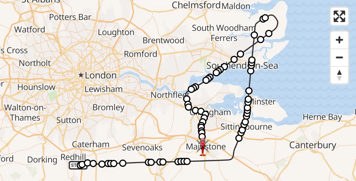 Flight route Air Ambulance Helicopter Redhill Aerodrome - Maidstone, 01 July 2026, 08:57