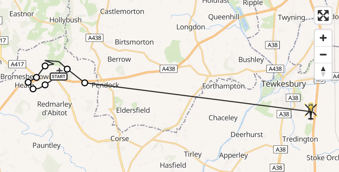 Flight route Police Helicopter Berrow Airstrip - Tewkesbury, 01 July 2026, 08:59