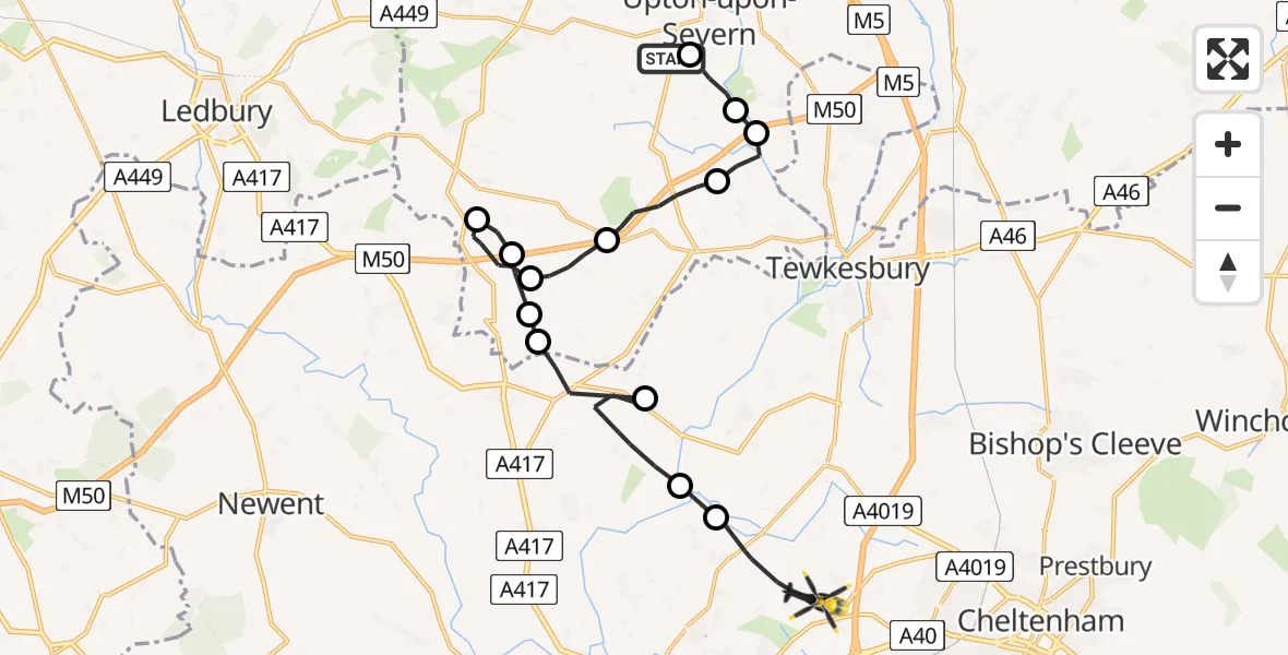 Flight route Police Helicopter Upton-upon-Severn - Tewkesbury, 01 July 2026, 09:08