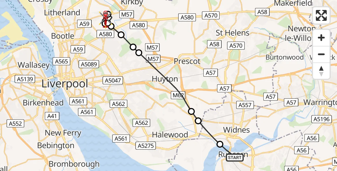Flight route Air Ambulance Helicopter Runcorn - Aintree University Hospital Heliport, 01 July 2026, 09:17