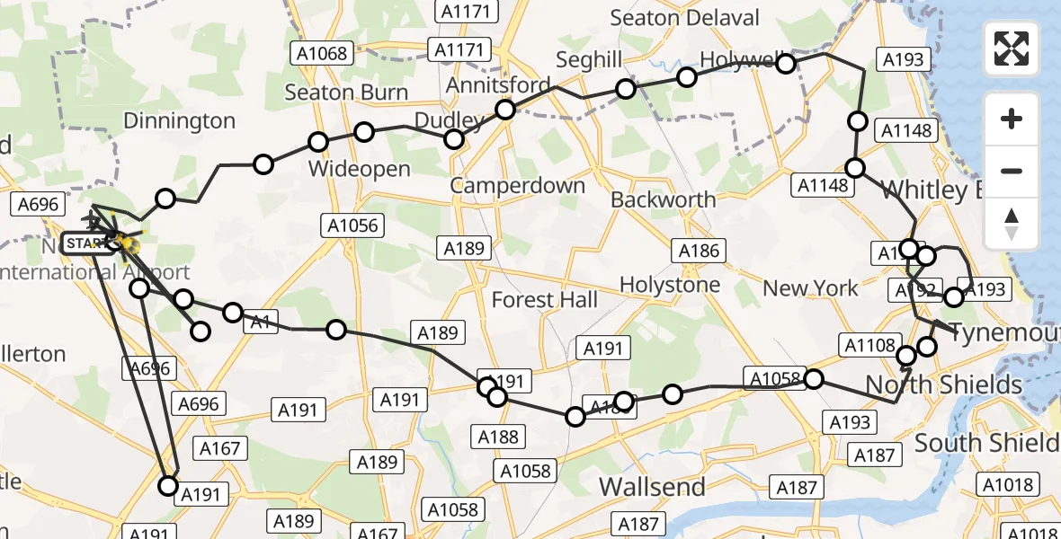 Flight route Police Helicopter Newcastle International Airport - Newcastle International Airport, 01 July 2026, 09:28