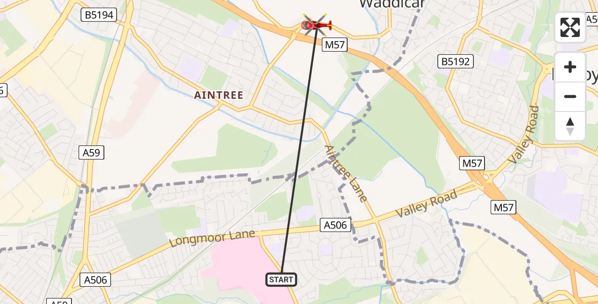 Flight route Air Ambulance Helicopter Aintree University Hospital Heliport - Waddicar, 01 July 2026, 09:29