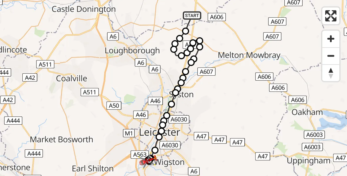Flight route Air Ambulance Helicopter Willoughby on the Wolds - Eyres Monsell, 01 July 2026, 09:41