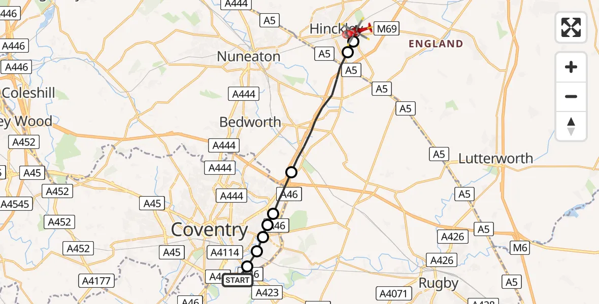 Flight route Air Ambulance Helicopter Coventry Airport - Hinckley, 01 July 2026, 09:41
