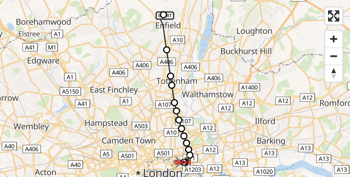 Flight route Air Ambulance Helicopter St Michael's Green Play Garden - Royal London Hospital, 01 July 2026, 09:46