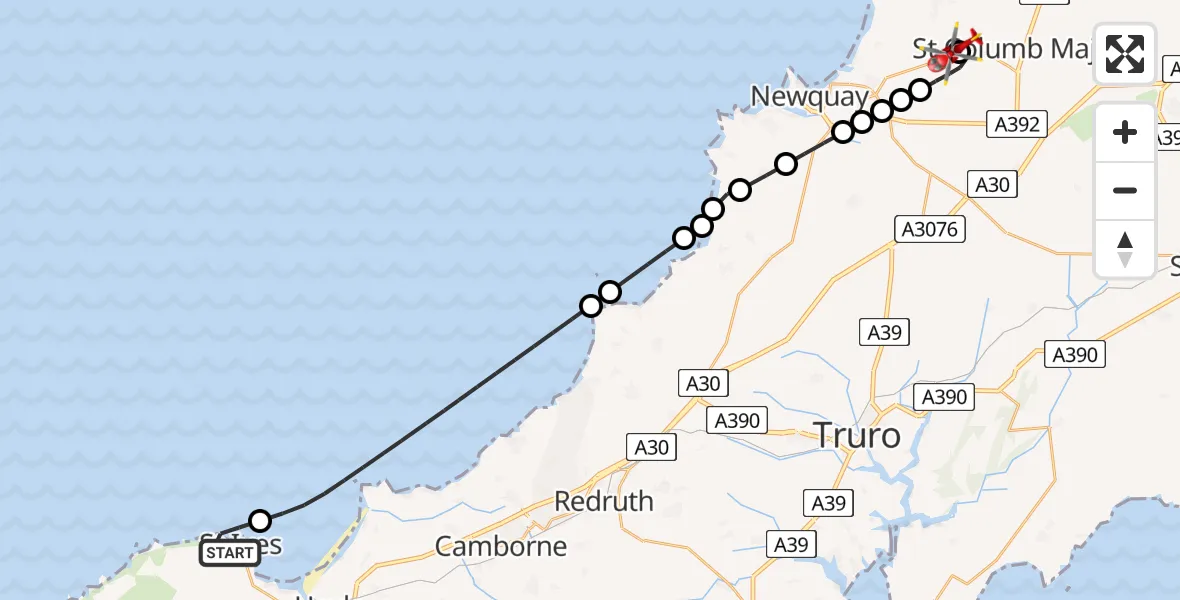 Flight route Air Ambulance Helicopter St. Ives - Cornwall Airport Newquay, 01 July 2026, 09:46