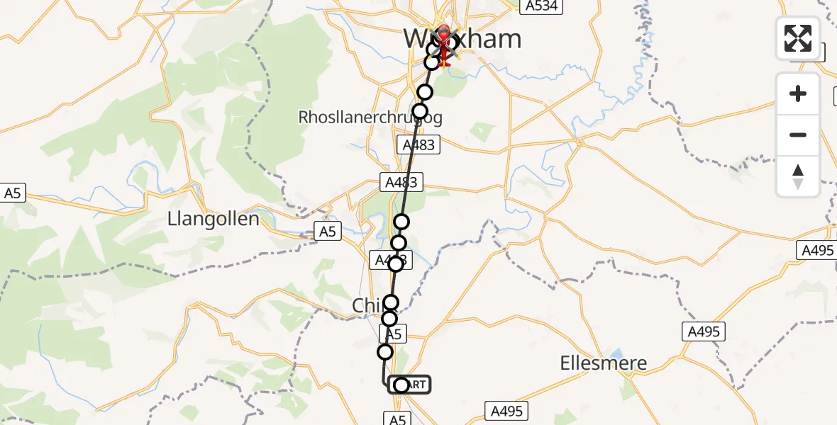 Flight route Air Ambulance Helicopter Gobowen - Felin Puleston, 01 July 2026, 09:48