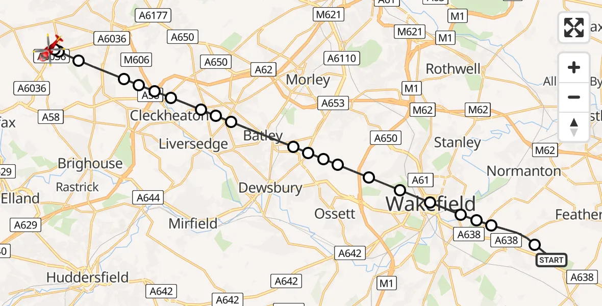 Flight route Air Ambulance Helicopter YAA Nostell Helicopter Port - Shelf, 01 July 2026, 09:55