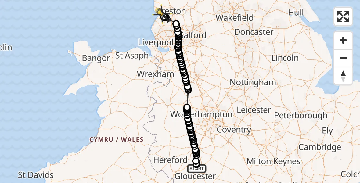 Flight route Police Helicopter Tewkesbury - Becconsall, 01 July 2026, 10:06