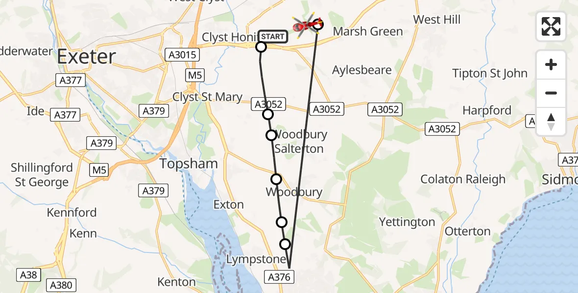 Flight route Air Ambulance Helicopter Exeter International Airport - Rockbeare, 01 July 2026, 10:25