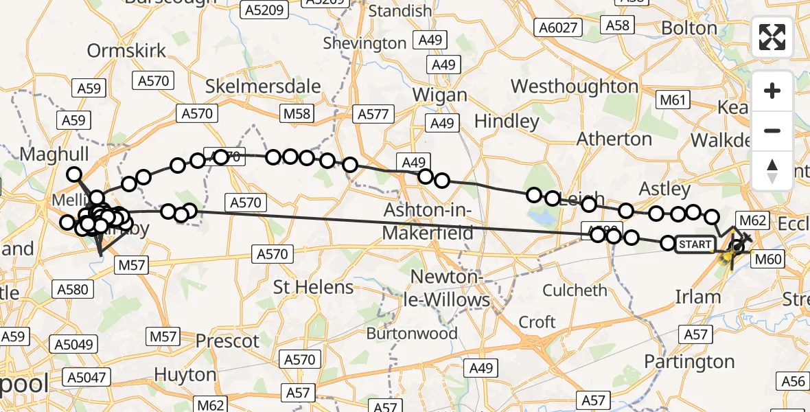 Flight route Police Helicopter Irlam - Manchester Barton Aerodrome, 01 July 2026, 10:27