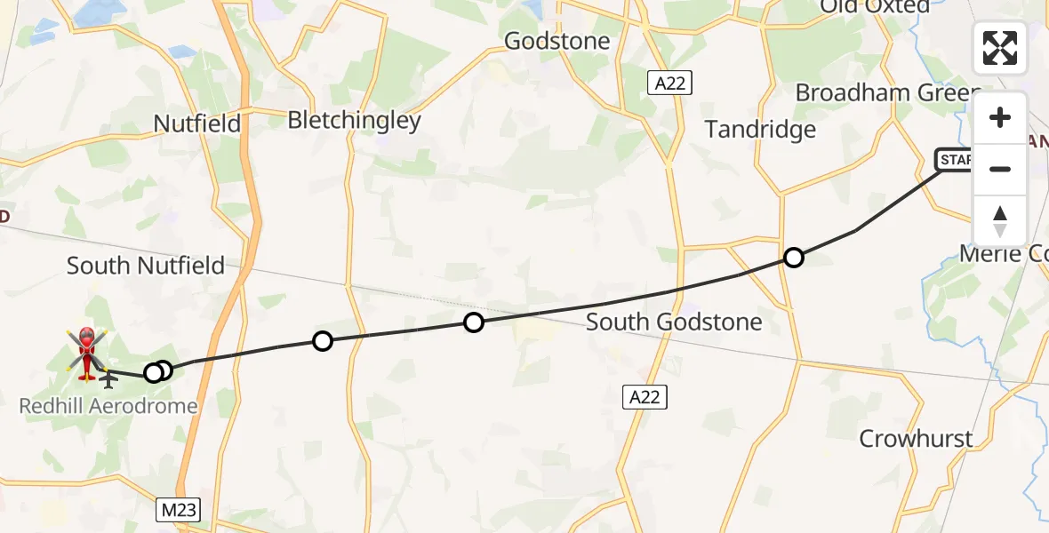 Flight route Air Ambulance Helicopter Oxted - Redhill Aerodrome, 01 July 2026, 10:34