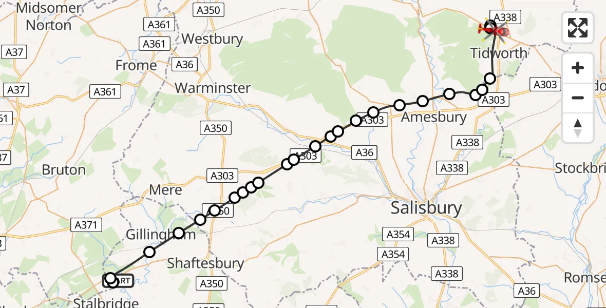 Flight route Air Ambulance Helicopter Henstridge Airfield - Tidworth, 01 July 2026, 10:41