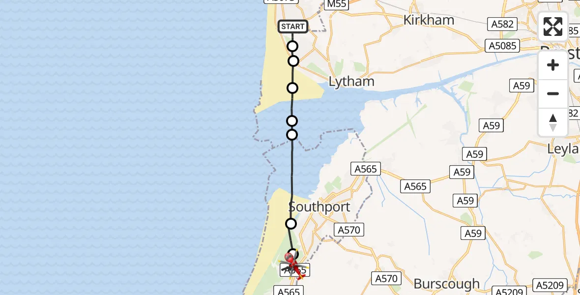 Flight route Air Ambulance Helicopter Blackpool Airport - Sefton, 01 July 2026, 10:44