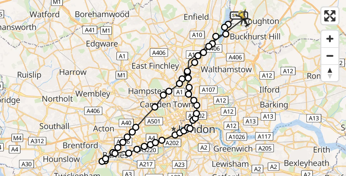 Flight route Police Helicopter Sewardstonebury - Sewardstonebury, 01 July 2026, 10:45