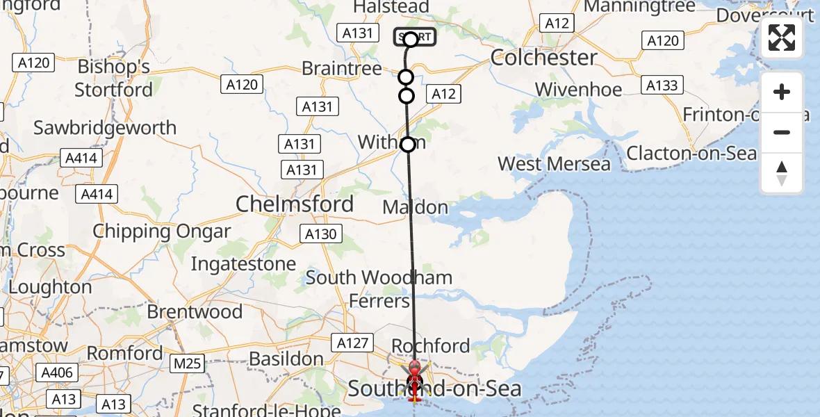 Flight route Air Ambulance Helicopter Earls Colne Airfield - Leigh on Sea, 01 July 2026, 10:56
