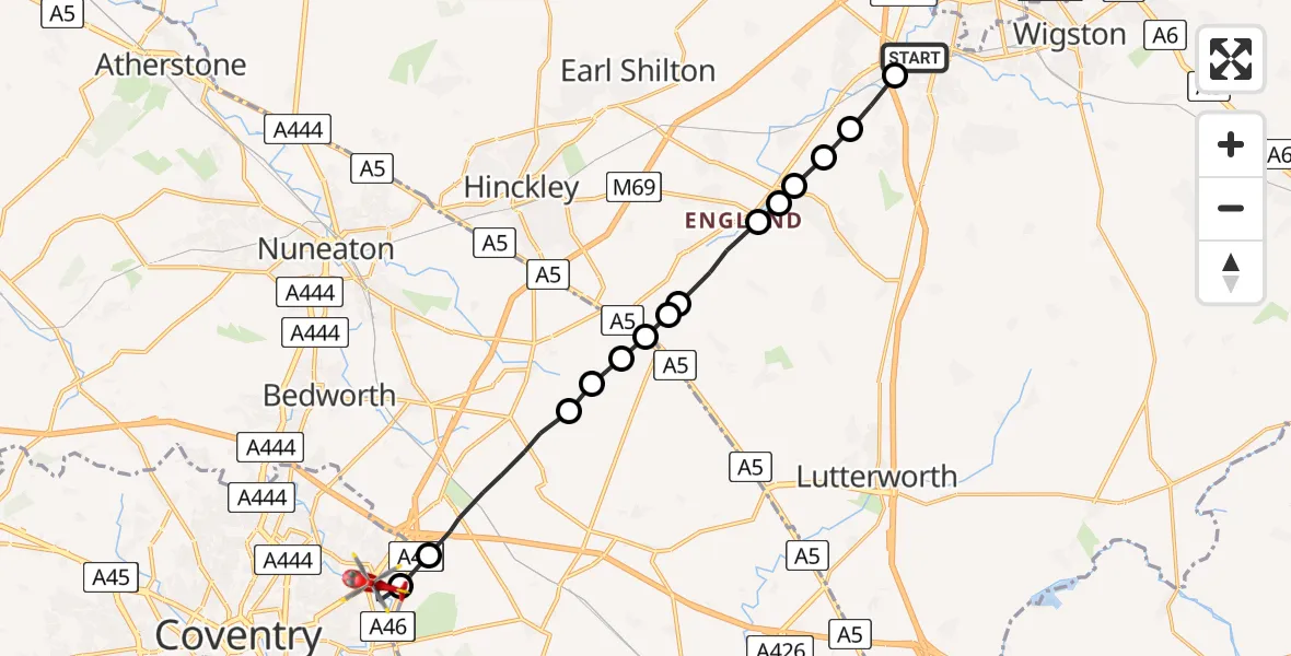 Flight route Air Ambulance Helicopter Whetstone - Walsgrave, 01 July 2026, 10:57