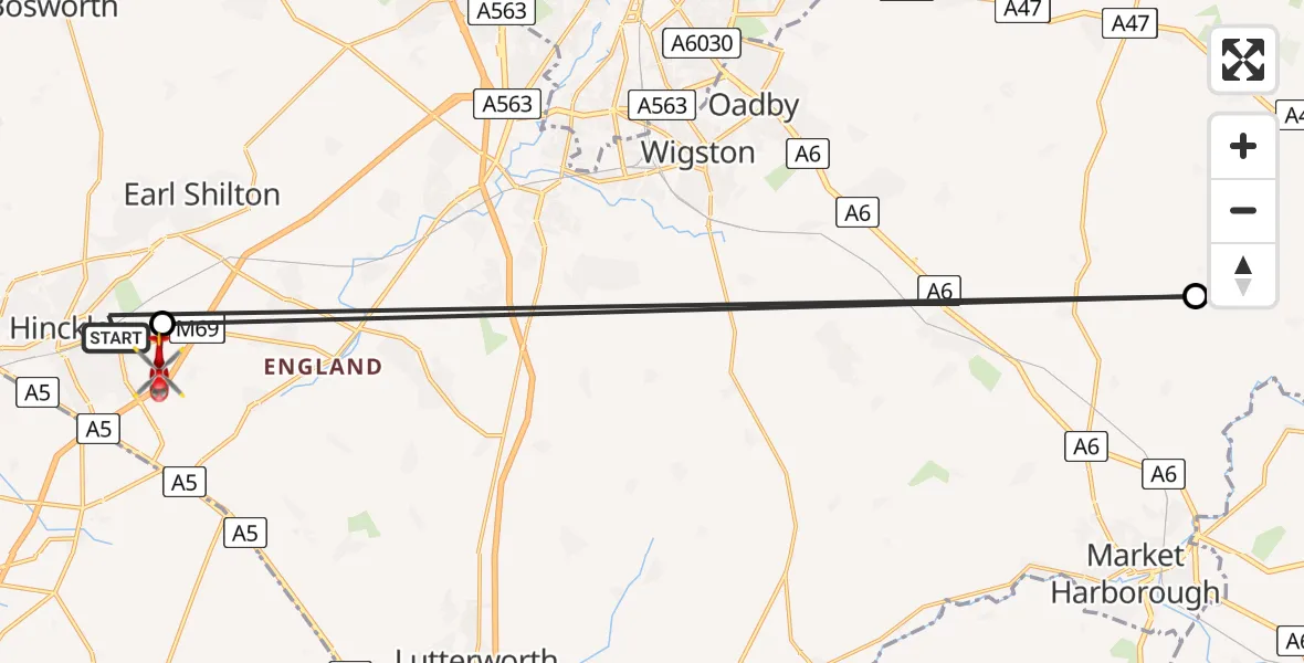 Flight route Air Ambulance Helicopter Hinckley - Stretton Baskerville, 01 July 2026, 11:02