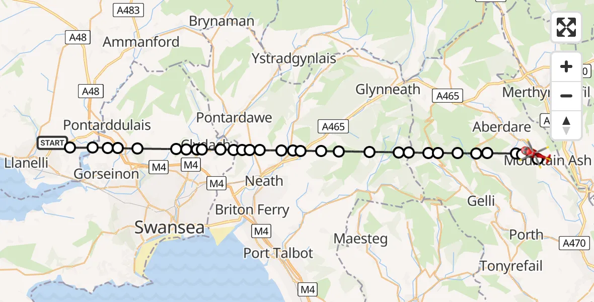 Flight route Air Ambulance Helicopter Dafen - Mountain Ash, 01 July 2026, 11:09