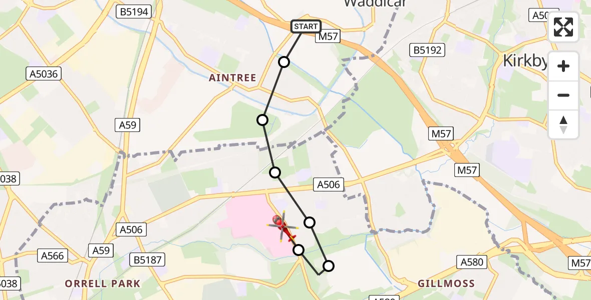 Flight route Air Ambulance Helicopter Melling - Aintree University Hospital Heliport, 01 July 2026, 11:10