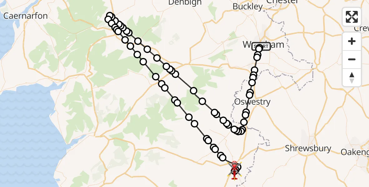 Flight route Air Ambulance Helicopter Felin Puleston - Welshpool Airport, 01 July 2026, 11:16