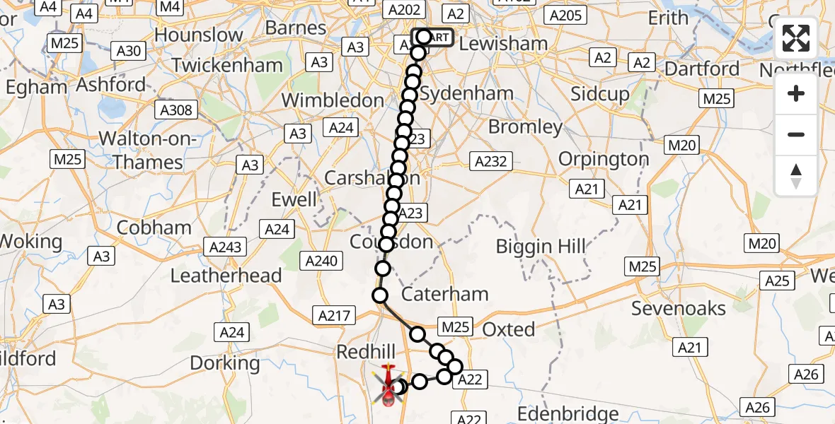 Flight route Air Ambulance Helicopter Kings College London Hospital - Redhill Aerodrome, 01 July 2026, 11:25
