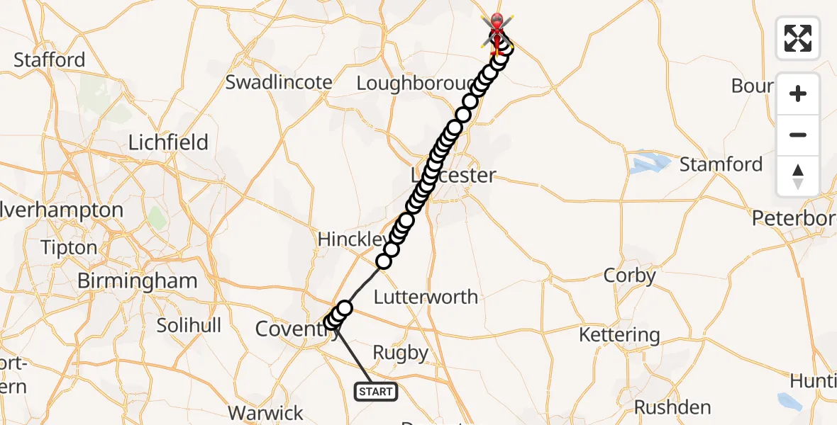 Flight route Air Ambulance Helicopter Rugby - Hickling, 01 July 2026, 11:28