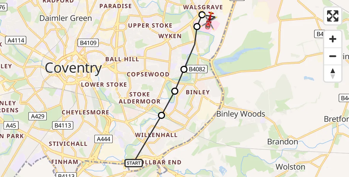 Flight route Air Ambulance Helicopter Coventry Airport - Walsgrave, 01 July 2026, 11:32