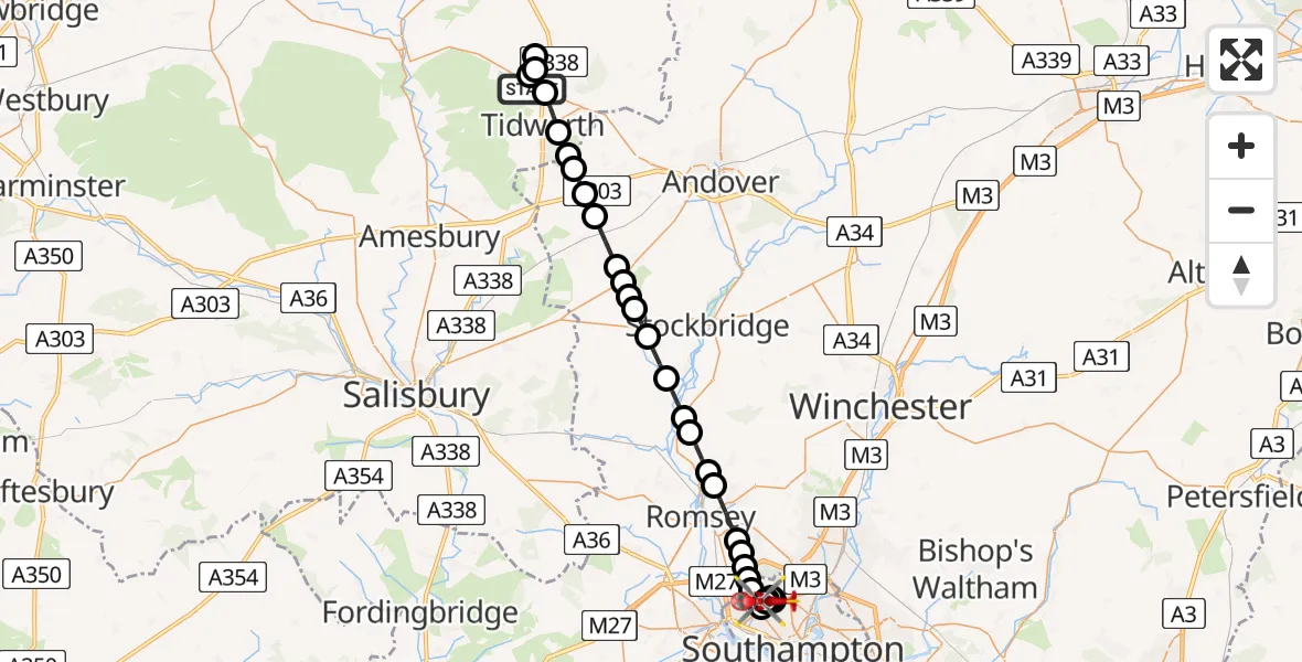 Flight route Air Ambulance Helicopter Tidworth - University Hospital Southampton, 01 July 2026, 11:41