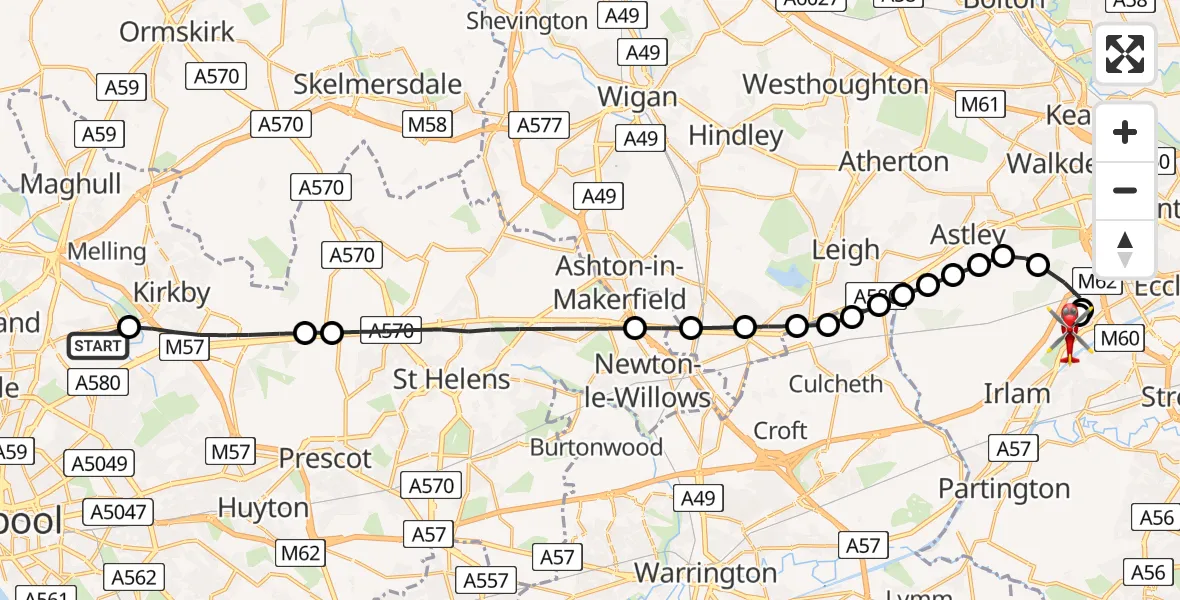Flight route Air Ambulance Helicopter Aintree University Hospital Heliport - Manchester Barton Aerodrome, 01 July 2026, 11:53