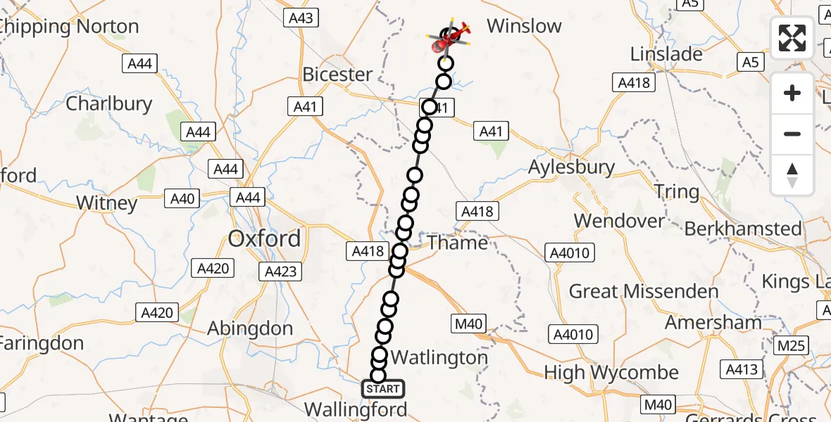 Flight route Air Ambulance Helicopter RAF Benson - Steeple Claydon, 01 July 2026, 11:56