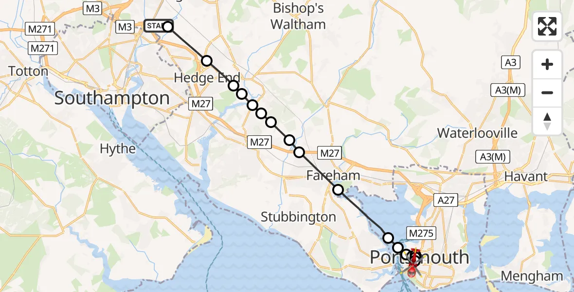Flight route Air Ambulance Helicopter Southampton Airport - Old Portsmouth, 01 July 2026, 12:03