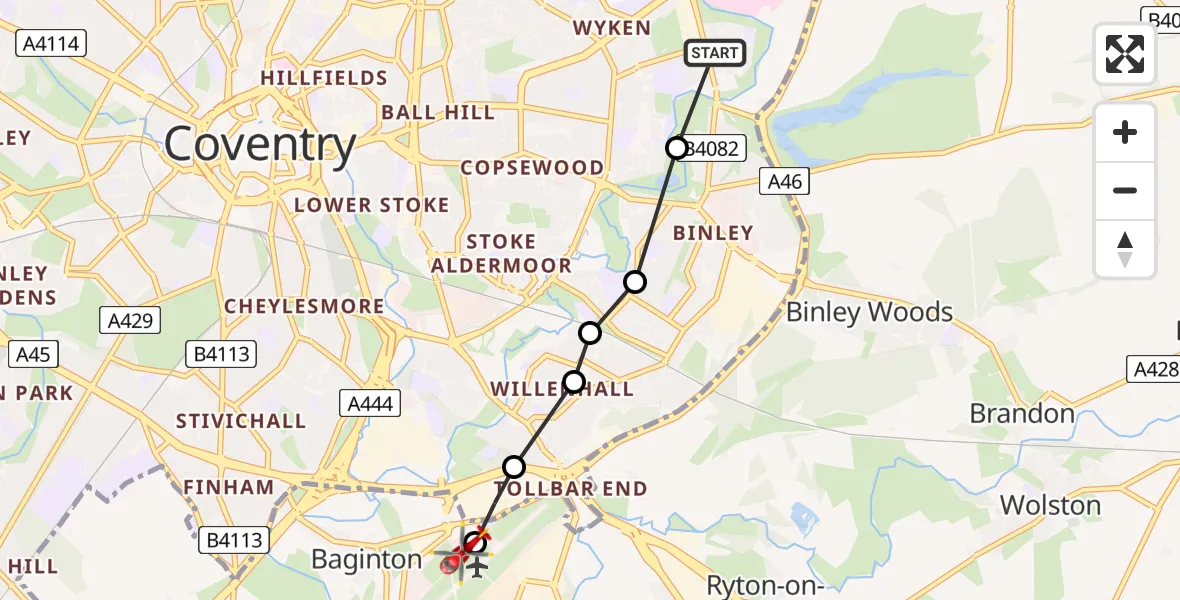 Flight route Air Ambulance Helicopter Clifford Park - Coventry Airport, 01 July 2026, 12:02