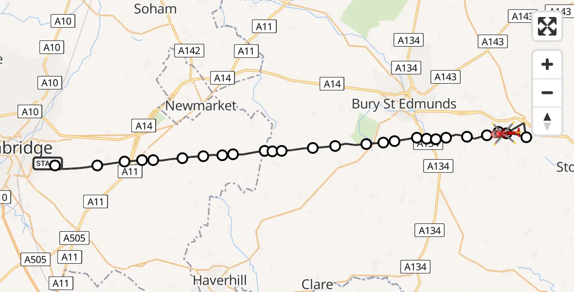 Flight route Air Ambulance Helicopter Cambridge - Drinkstone, 01 July 2026, 12:10