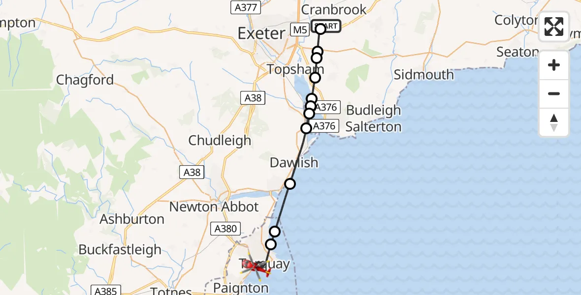 Flight route Air Ambulance Helicopter Exeter International Airport - Torquay, 01 July 2026, 12:13