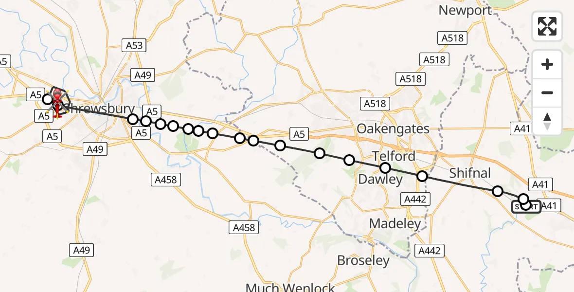 Flight route Air Ambulance Helicopter RAF Cosford - Shrewsbury, 01 July 2026, 12:19