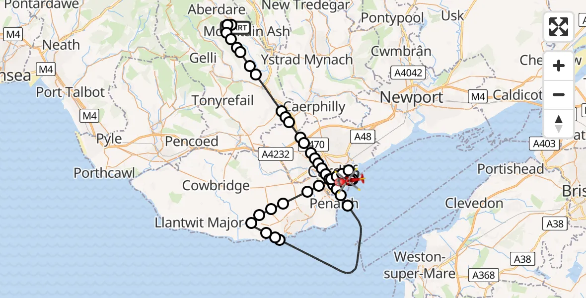 Flight route Air Ambulance Helicopter Fernhill - Cardiff Heliport, 01 July 2026, 12:25