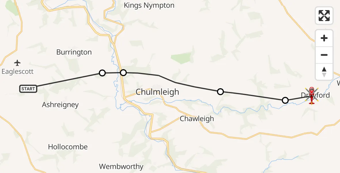 Flight route Air Ambulance Helicopter Riddlecombe - East Worlington, 01 July 2026, 12:27