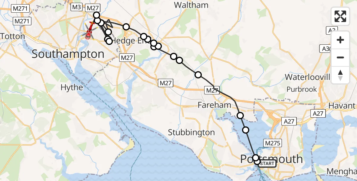 Flight route Air Ambulance Helicopter Old Portsmouth - Bitterne Park, 01 July 2026, 12:32