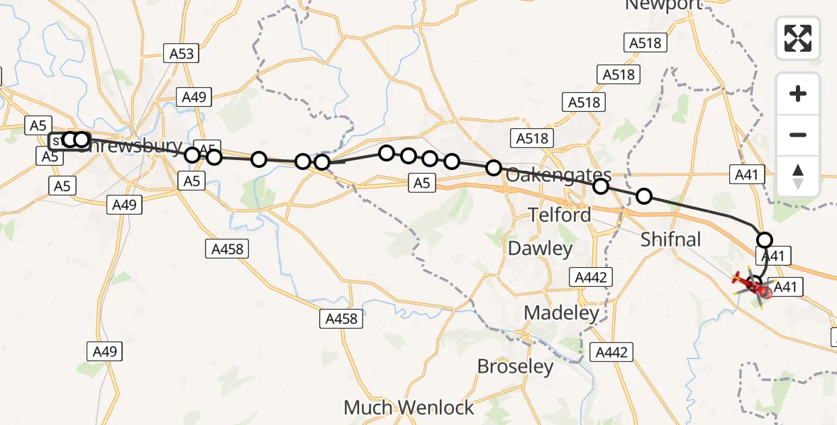 Flight route Air Ambulance Helicopter Shrewsbury Royal Hospital - Cosford, 01 July 2026, 12:34