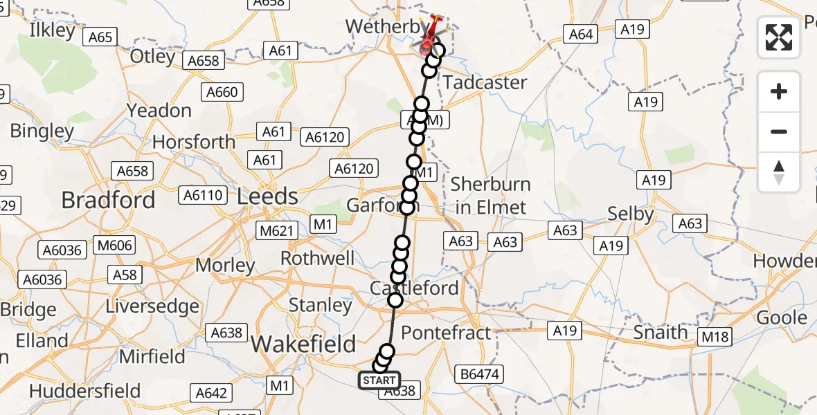 Flight route Air Ambulance Helicopter YAA Nostell Helicopter Port - Walton, 01 July 2026, 12:41
